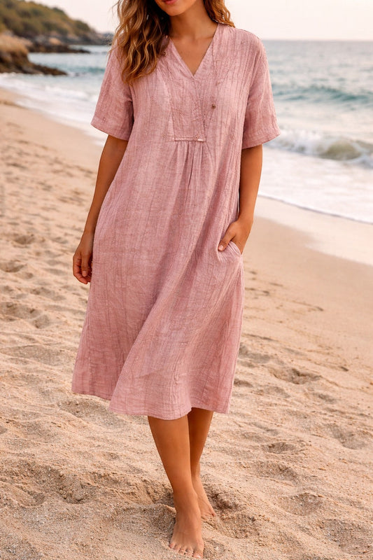 Andrea | Bohemian V-Neck Linen Midi Dress with Pockets
