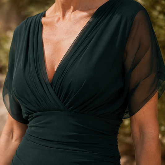 April | Draped V-Neck Maxi Dress with Sheer Flutter Sleeves