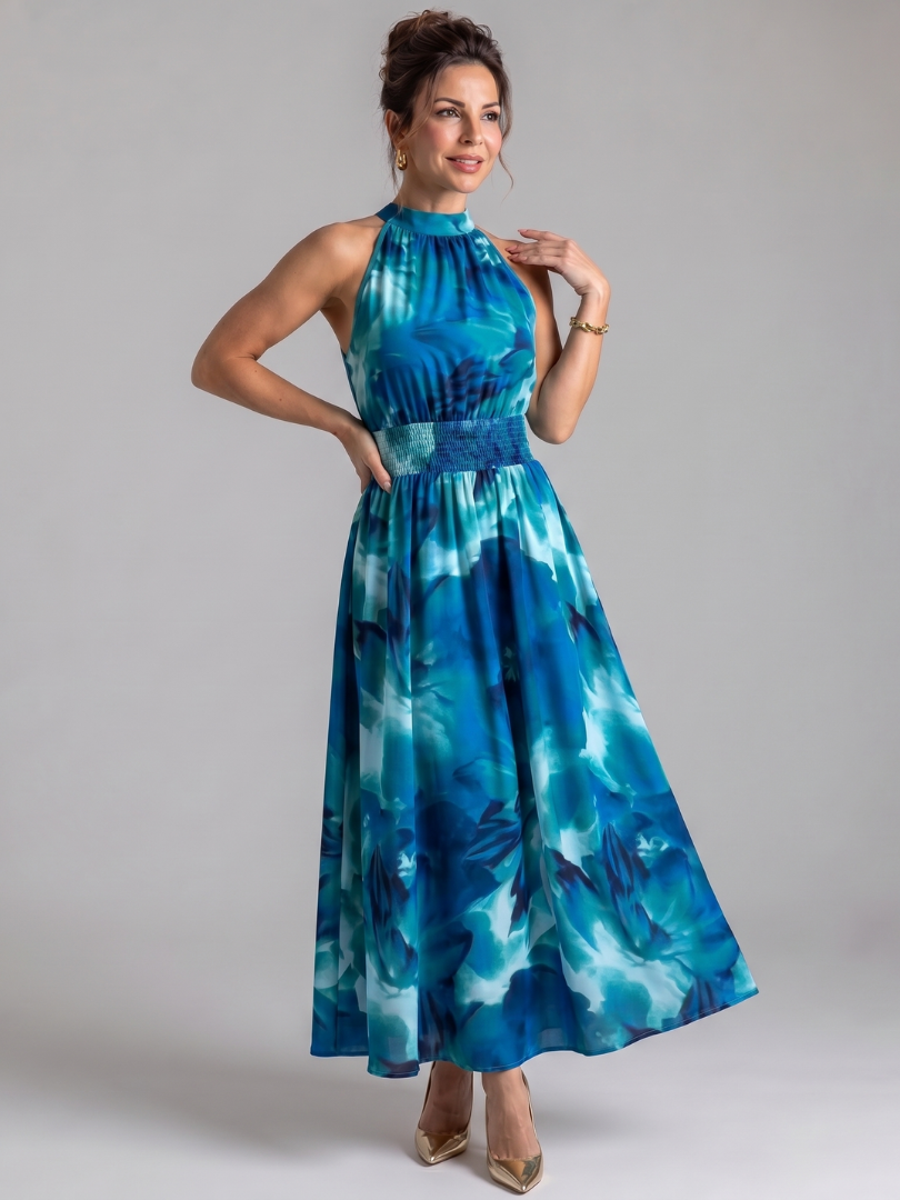 Barbara | Halter Neckline Abstract Print Midi Dress