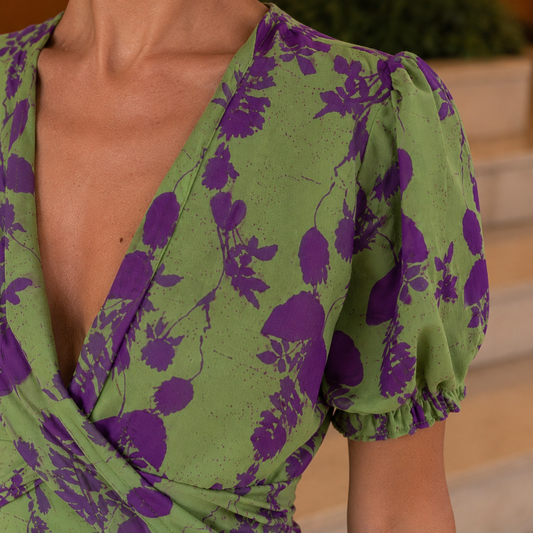 Bonnie | Floral Twist Front Midi Dress with Puff Sleeves