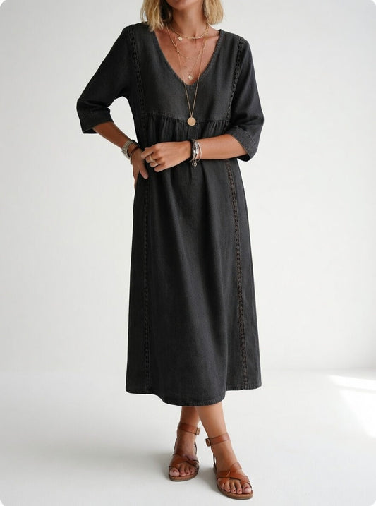 Carol | Relaxed V-Neck Midi Dress with Embroidered Trim