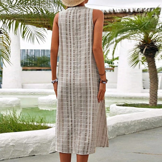 Carol | Striped Linen Midi Dress with Button Front