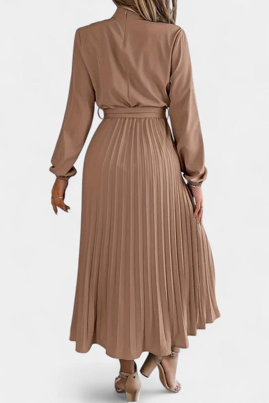 Dawn | Long Sleeve High Neck Pleated Midi Dress With Belt