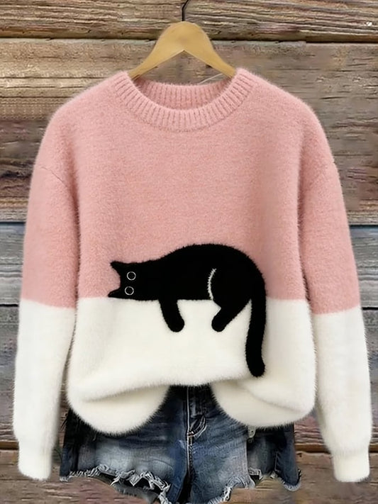 Donna | Colorblock Cat Patch Crew Neck Sweater