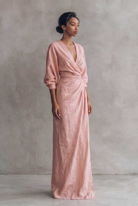 Donna | Linen V Neck Maxi Dress with Draped Wrap Waist