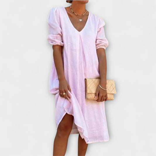 Joan | Linen Look Midi Dress with Puff Sleeves and Side Slit
