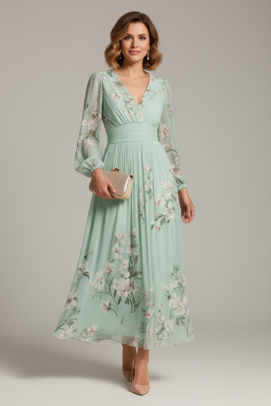 Kelly | Floral Midi Dress with V-Neck and Long Sleeves