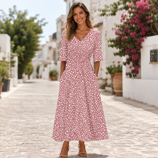 Laura | Pink Dot Print V-Neck Midi Dress with Short Sleeves