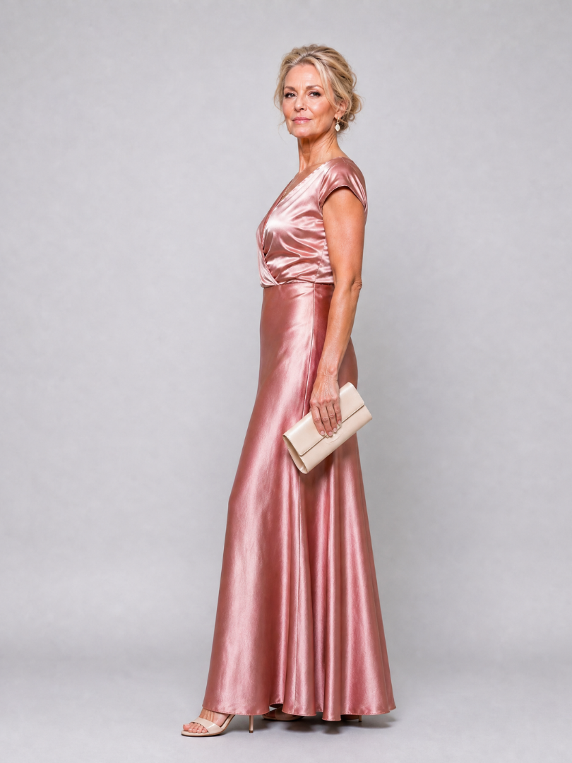 Linda | Metallic Wrap Maxi Dress with Cap Sleeves