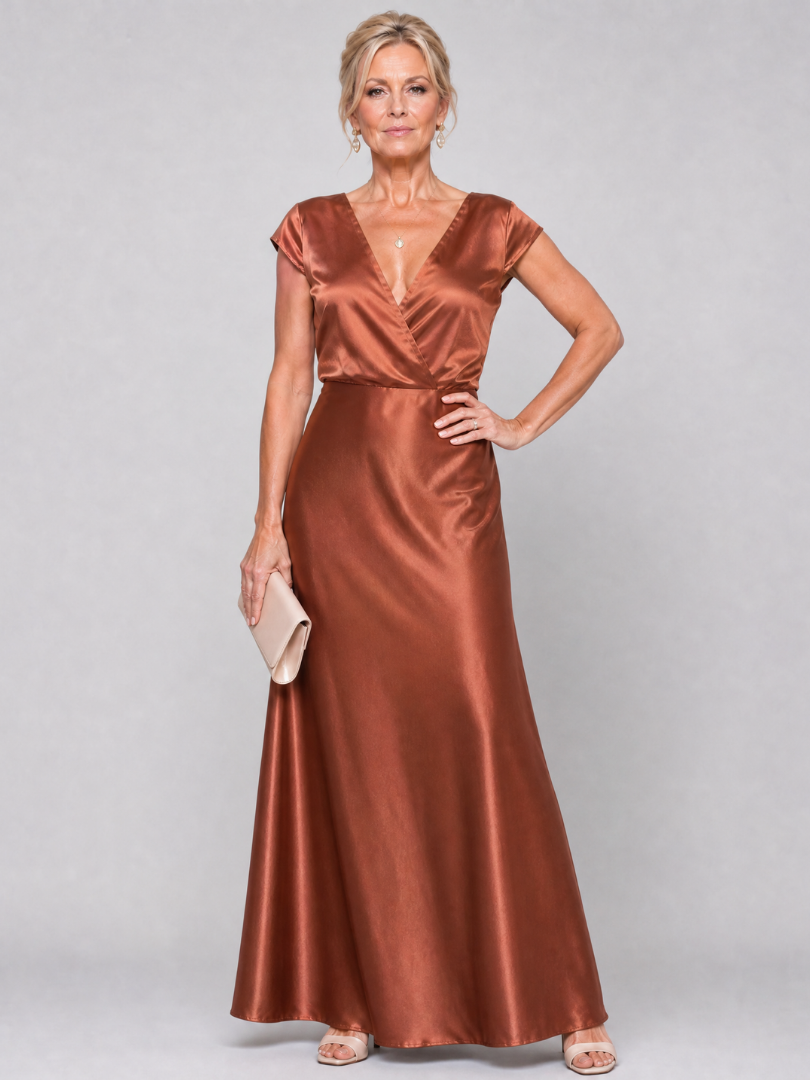 Linda | Metallic Wrap Maxi Dress with Cap Sleeves