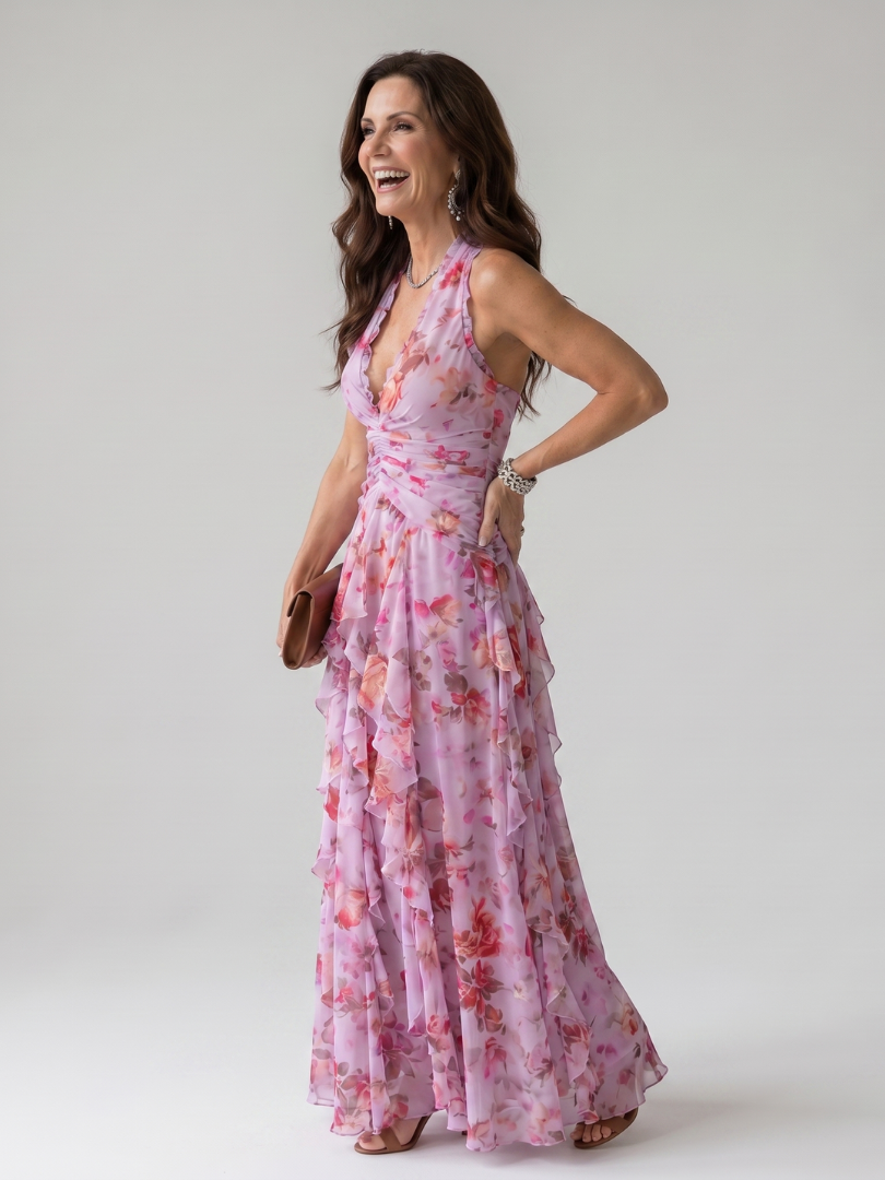 Lynn | Halter Neck Floral Ruffle Maxi Dress