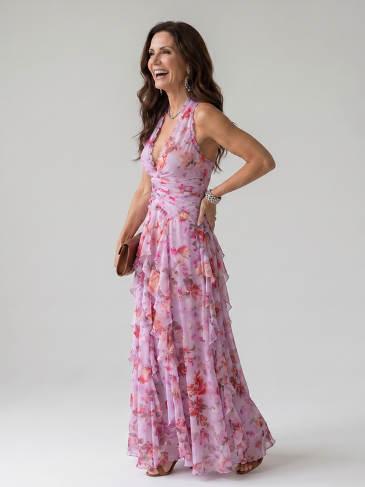 Lynn | Halter Neck Floral Ruffle Maxi Dress