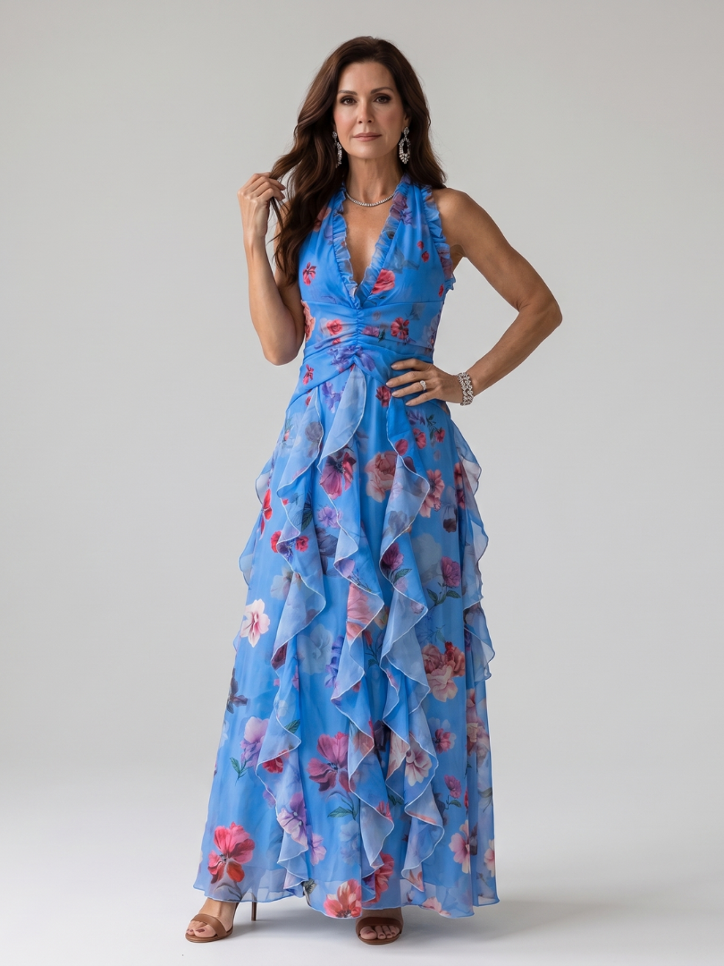 Lynn | Halter Neck Floral Ruffle Maxi Dress