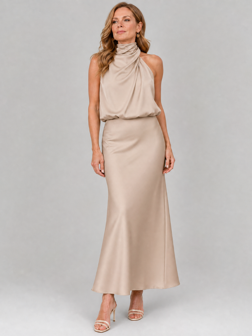 Marcia | Draped High Neck Midi Dress