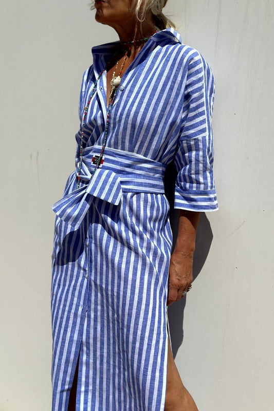 Michelle | Striped Shirt Dress with Tie Belt and Side Slit