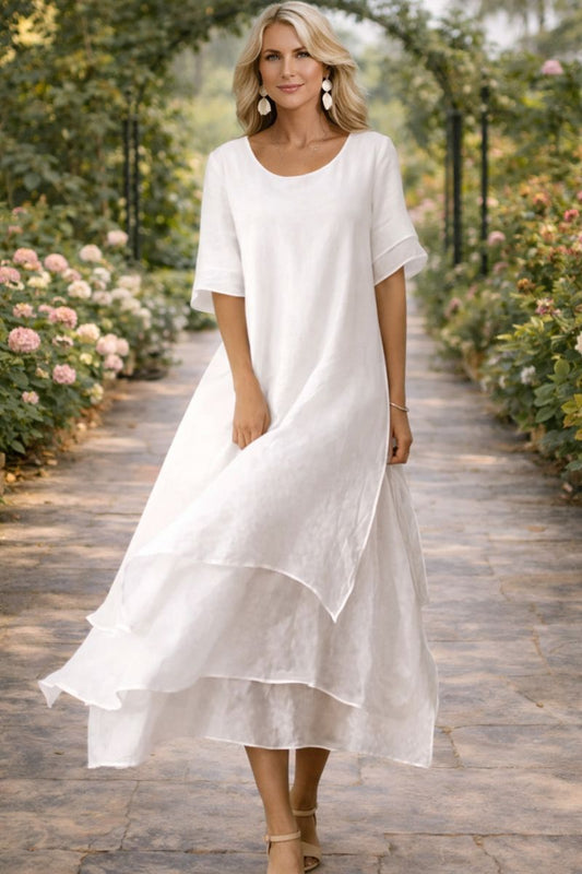 Michelle | Tiered Linen Midi Dress with Short Sleeves