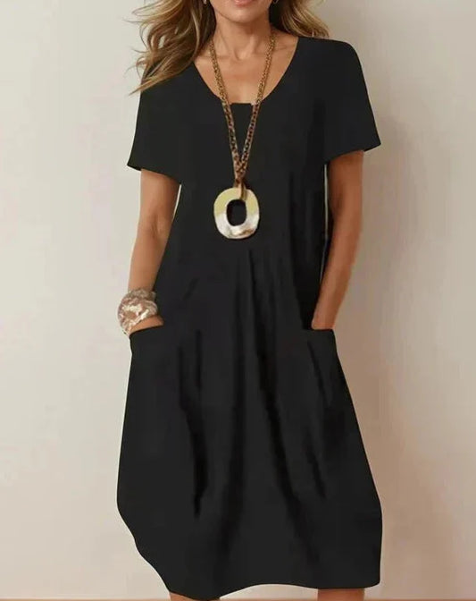 Monica | Casual V-Neck Midi Dress with Side Pockets