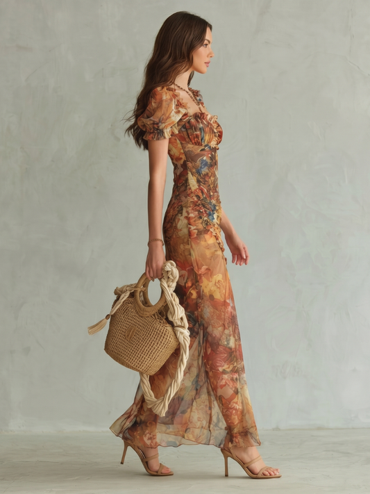 Paula | Floral Ruffled Sleeve Midi Dress with Front Slit