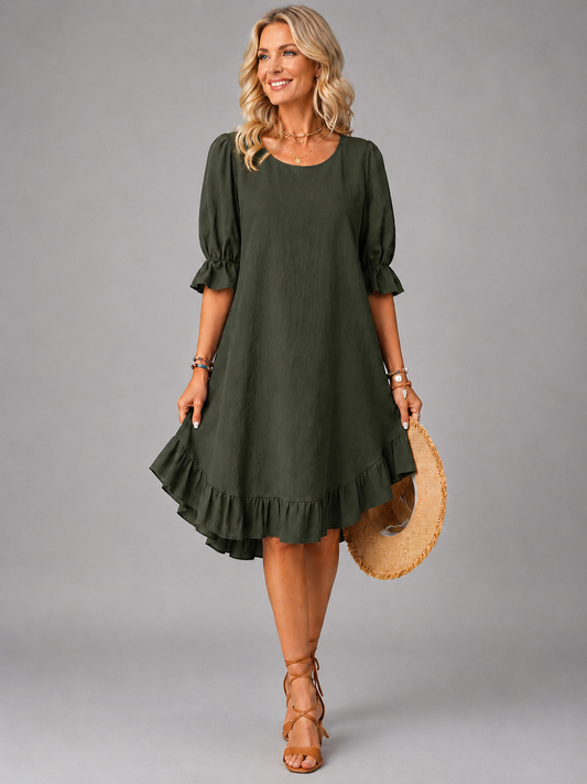 Ruth | Ruffle Hem Midi Dress with Puff Sleeves