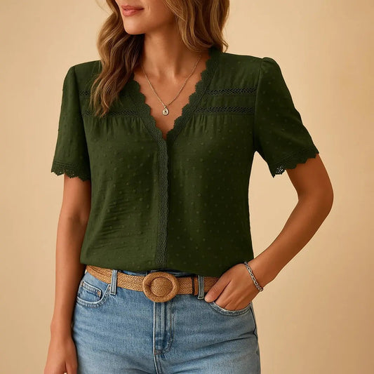 Sandra | V-Neck Lace-Trim Swiss Dot Blouse