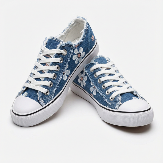Sharon | Floral Embroidered Denim Sneakers With Frayed Edges