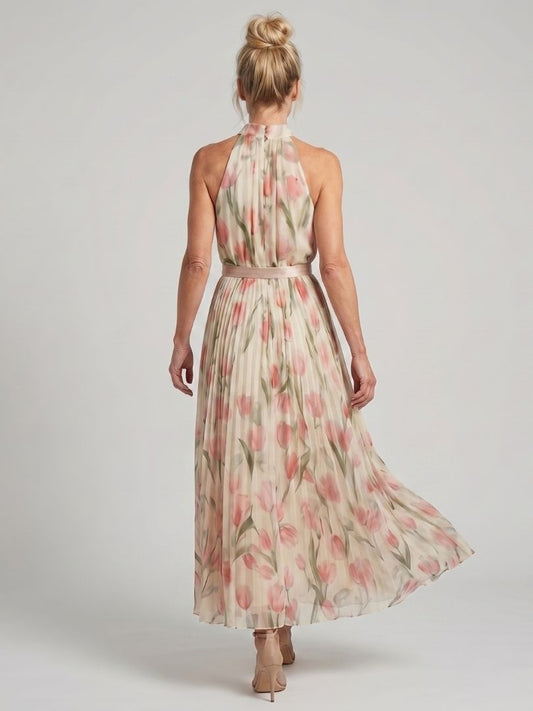 Susan | Floral Halter Neck Pleated Midi Dress