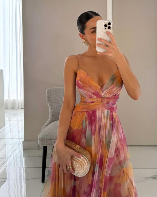 Tammy | Floral Print Maxi Dress With Sheer Overlay And Side Slit