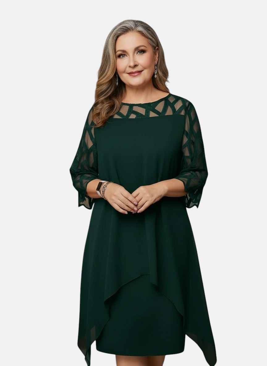 Tammy | Mesh Sleeve Cocktail Midi Dress with Asymmetric Hem