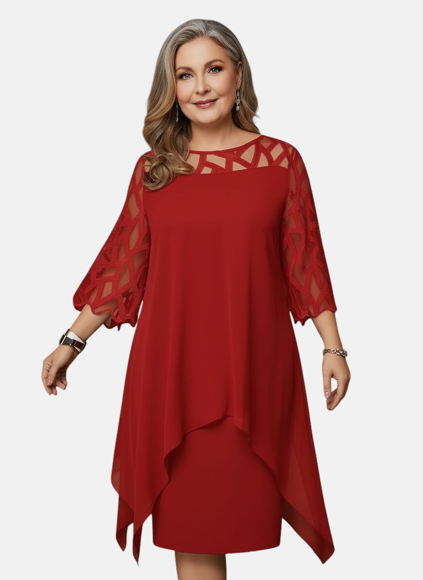 Tammy | Mesh Sleeve Cocktail Midi Dress with Asymmetric Hem