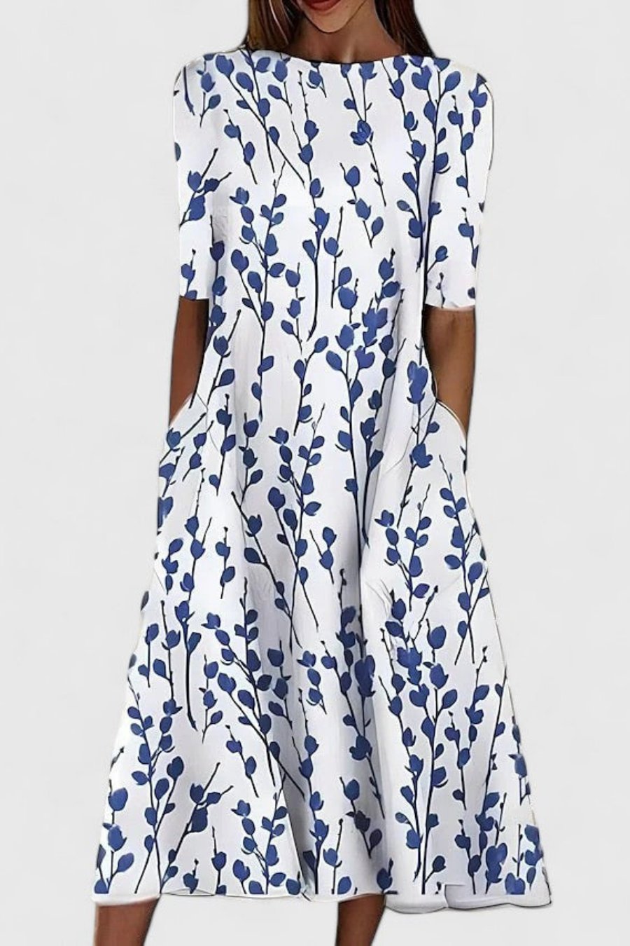 Vicki | A-Line Floral Print Midi Dress with Side Pockets