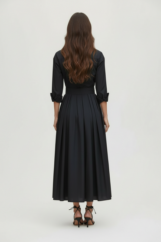 Wanda | Tie Waist Shirt Collar Maxi Dress with Pleated Skirt