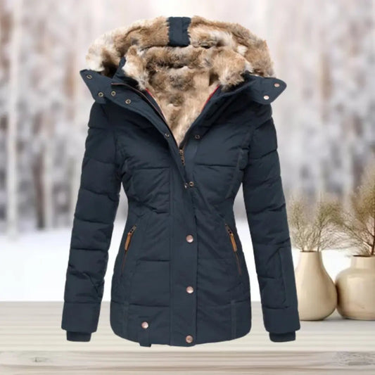 Women's Fitted Puffer Jacket with Faux Fur Hood