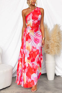 Amanda | One-Shoulder Floral Print Pleated Maxi Dress