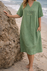Andrea | Bohemian V-Neck Linen Midi Dress with Pockets