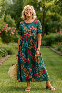 Andrea | Floral Print Short Sleeve Midi Dress