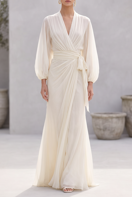 Angela | Elegant Wrap Maxi Dress with Puff Sleeves