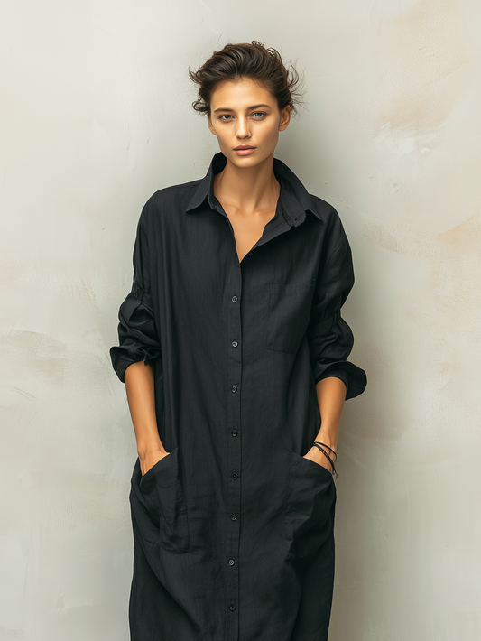 Angela | Linen Shirt Collar Long Sleeve Dress