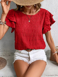 Anne | Ruffle Sleeve Crew Neck Textured Blouse