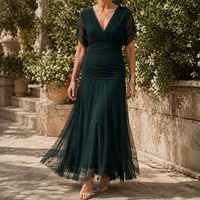 April | Draped V-Neck Maxi Dress with Sheer Flutter Sleeves