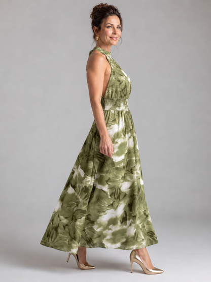 Barbara | Halter Neckline Abstract Print Midi Dress