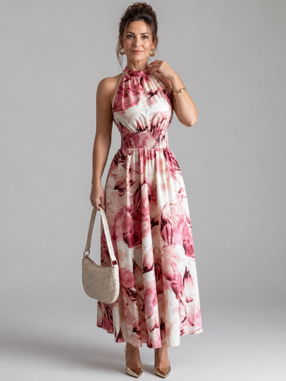 Barbara | Halter Neckline Abstract Print Midi Dress