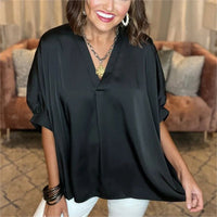 Beverly | V-Neck Satin Blouse with Puff Sleeves