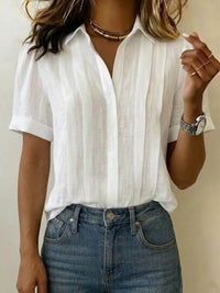 Brenda | Pleated Front Collared Short Sleeve Blouse