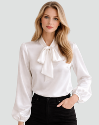 Brenda | Satin Blouse with Tie Neck Bow and Long Sleeves