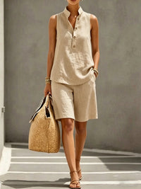 Brenda | Sleeveless Mandarin Collar Two-Piece Shorts Set