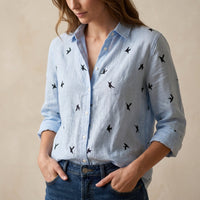 Carol | Embroidered Bird Print Linen Blouse