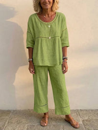 Carol | Relaxed Linen Two-Piece Set with Crochet Trim