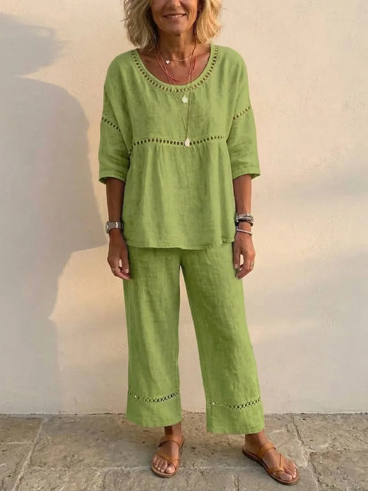 Carol | Relaxed Linen Two-Piece Set with Crochet Trim