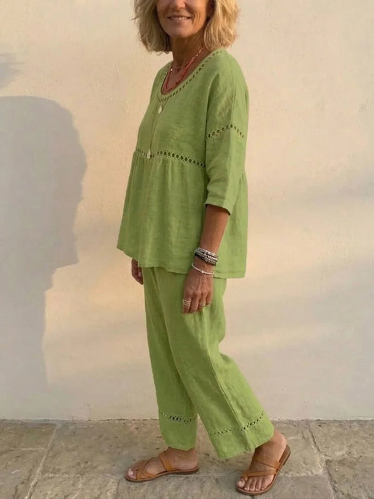 Carol | Relaxed Linen Two-Piece Set with Crochet Trim
