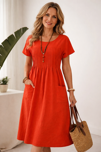 Carol | Relaxed Pleated Cotton Midi Dress with Pockets